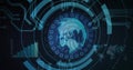 Displaying central HUD with globe, rings, binary, nodes and circuits on virtual dashboard Royalty Free Stock Photo