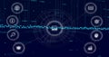 Displaying central HUD laptop icon radiating lines to peripheral icons on navy screen with waveform Royalty Free Stock Photo