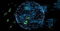 Displaying central network sphere floating in virtual interface, with blue code and green icons Royalty Free Stock Photo