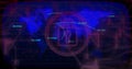 Displaying central padlock icon pulsing over global map grid, with glowing nodes and trajectories Royalty Free Stock Photo