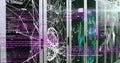 Displaying central server rack glowing with LEDs, drifting code and network graphics in data center Royalty Free Stock Photo