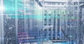 Displaying central server racks with network cables and blinking LEDs in data center, code overlay Royalty Free Stock Photo