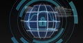 Displaying central wireframe globe with cloud and padlock on cyber HUD rings, binary code Royalty Free Stock Photo