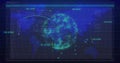 Displaying central wireframe globe on map grid, floating numeric values, SQL query lines Royalty Free Stock Photo