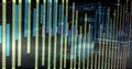 Displaying chart on glossy display in trading room, showing lime cyan bars and red-teal lines Royalty Free Stock Photo