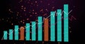 Displaying chart with teal orange grid bars and white magenta line graphs on cosmic stars backdrop Royalty Free Stock Photo