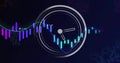 Displaying circular analog clock overlaying dashboard, with bar charts, line charts and data labels Royalty Free Stock Photo