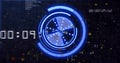 Displaying circular HUD display animating neon progress arcs on dark grid, with digital timer Royalty Free Stock Photo