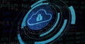 Displaying cloud icon with locked padlock rotating in UI with HUD rings, binary code and metrics Royalty Free Stock Photo