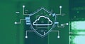 Displaying cloud icon within shield connecting lines to network nodes on green GUI, with hex grid Royalty Free Stock Photo