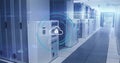 Displaying cloud lock overlay on server racks in server room aisle, with raised tiles under lights Royalty Free Stock Photo