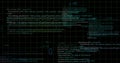Displaying clusters of programming code lines over grid on monitor, with glitch effect bars Royalty Free Stock Photo