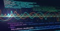 Displaying code editor showing JavaScript functions on dark screen, with neon waveform overlay Royalty Free Stock Photo