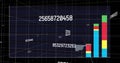 Displaying colorful vertical bar chart rising in dashboard with numeric labels, 3D grid, copy space Royalty Free Stock Photo