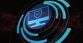 Displaying computer monitor icon showing shield and checkmark in cyberspace with binary code Royalty Free Stock Photo