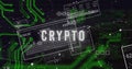 Displaying CRYPTO text in virtual network interface, with floating data panels and green circuits Royalty Free Stock Photo