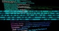 Displaying cyan binary stream flowing across dark-mode computer screen, with green and purple code Royalty Free Stock Photo