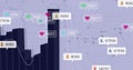 Displaying 3D bar chart at dashboard, with graphs and floating social metrics icons, copy space Royalty Free Stock Photo