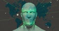 Displaying 3D digital bust over stylized world map, radiating glowing data points and network lines Royalty Free Stock Photo