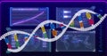 Displaying 3D DNA double helix model on research interface, with base-pair clusters and data panels Royalty Free Stock Photo
