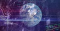 Displaying 3D Earth globe rotating in high-tech interface, with stock tickers and binary code Royalty Free Stock Photo