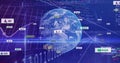 Displaying 3D Earth globe rotating in network, showing social icons, analytics graphs, binary code Royalty Free Stock Photo