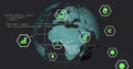 Displaying 3D globe focusing on Africa and Europe on dashboard, data icons, JavaScript code snippet Royalty Free Stock Photo