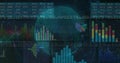 Displaying 3D globe streaming binary code in analytics dashboard, with bar and line graphs, tables Royalty Free Stock Photo