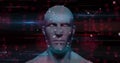 Displaying 3D humanoid head showing glowing data nodes and red halos in digital interface Royalty Free Stock Photo