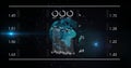 Displaying 3D particle-based globe rotating on HUD interface, with numeric input output metrics Royalty Free Stock Photo