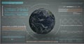 Displaying 3D-rendered globe with network nodes and panels in control center, with waveform charts Royalty Free Stock Photo