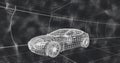 Displaying 3D wireframe car model navigating virtual grid environment, featuring dot mesh walls Royalty Free Stock Photo