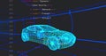 Displaying 3D wireframe car model rotating in code editor view with blue grid tunnel HTML snippets Royalty Free Stock Photo