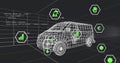 Displaying 3D wireframe van model rotating in dark grid workspace, with hex icons and code snippet Royalty Free Stock Photo