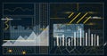 Displaying dark-theme analytics dashboard interface on screen, with line graph, gauges, bar chart Royalty Free Stock Photo