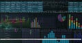 Displaying dashboard combining code with bar, pie and line charts on computer UI with overlays Royalty Free Stock Photo