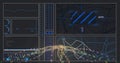 Displaying dashboard panels at control room, with line graph, circular gauges, code snippet Royalty Free Stock Photo