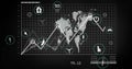 Displaying dashboard on screen showcasing world map grid with line graph, icons and numeric table Royalty Free Stock Photo