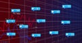 Displaying dashboard with shifting red and blue line graphs on dark grid, with notification bubbles Royalty Free Stock Photo