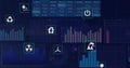 Displaying dashboard showing energy data on dark screen, with recycling, plug icons and bar charts Royalty Free Stock Photo