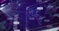Displaying dashboard showing floating social media metrics over world map on grid, neon beams Royalty Free Stock Photo