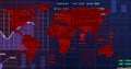 Displaying dashboard showing red binary world map with percent labels on screen, with malware icon Royalty Free Stock Photo