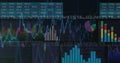 Displaying data dashboard on screen, with numeric tables, line graph, pie chart and bar charts Royalty Free Stock Photo