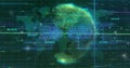 Displaying data globe rotating in grid matrix, with world map silhouette and numeric streams Royalty Free Stock Photo