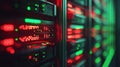 Displaying data processing activity on illuminated server hardware with colorful lights in a tech infrastructure setting Royalty Free Stock Photo