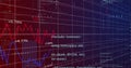 Displaying data visualization on dark grid dashboard, with red blue line charts and C++ code Royalty Free Stock Photo
