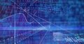 Displaying data visualization floating in grid space, with binary code and financial line graphs Royalty Free Stock Photo