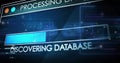 Displaying data-viz interface in software HUD, revealing DISCOVERING DATABASE and cyan progress Royalty Free Stock Photo