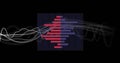 Displaying digital data visualization on black grid, with red-purple bars and white waveforms Royalty Free Stock Photo