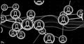 Displaying digital network graph moving on dark field, with glowing user icons, lines, dotted waves Royalty Free Stock Photo